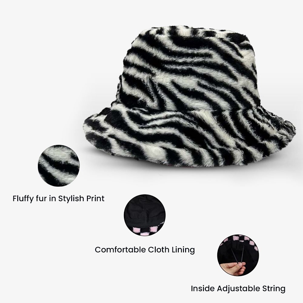 Zebra Print Faux Fur Bucket Hat